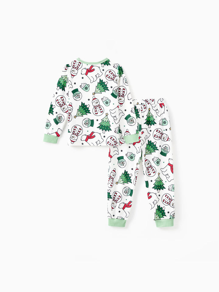 Conjunto de Pijamas de Natal em Família com Mangas Longas – T-Shirts Verdes Muito Felizes e Calças com Padrão, Inclui Meias de Natal – Verde Primavera Médio