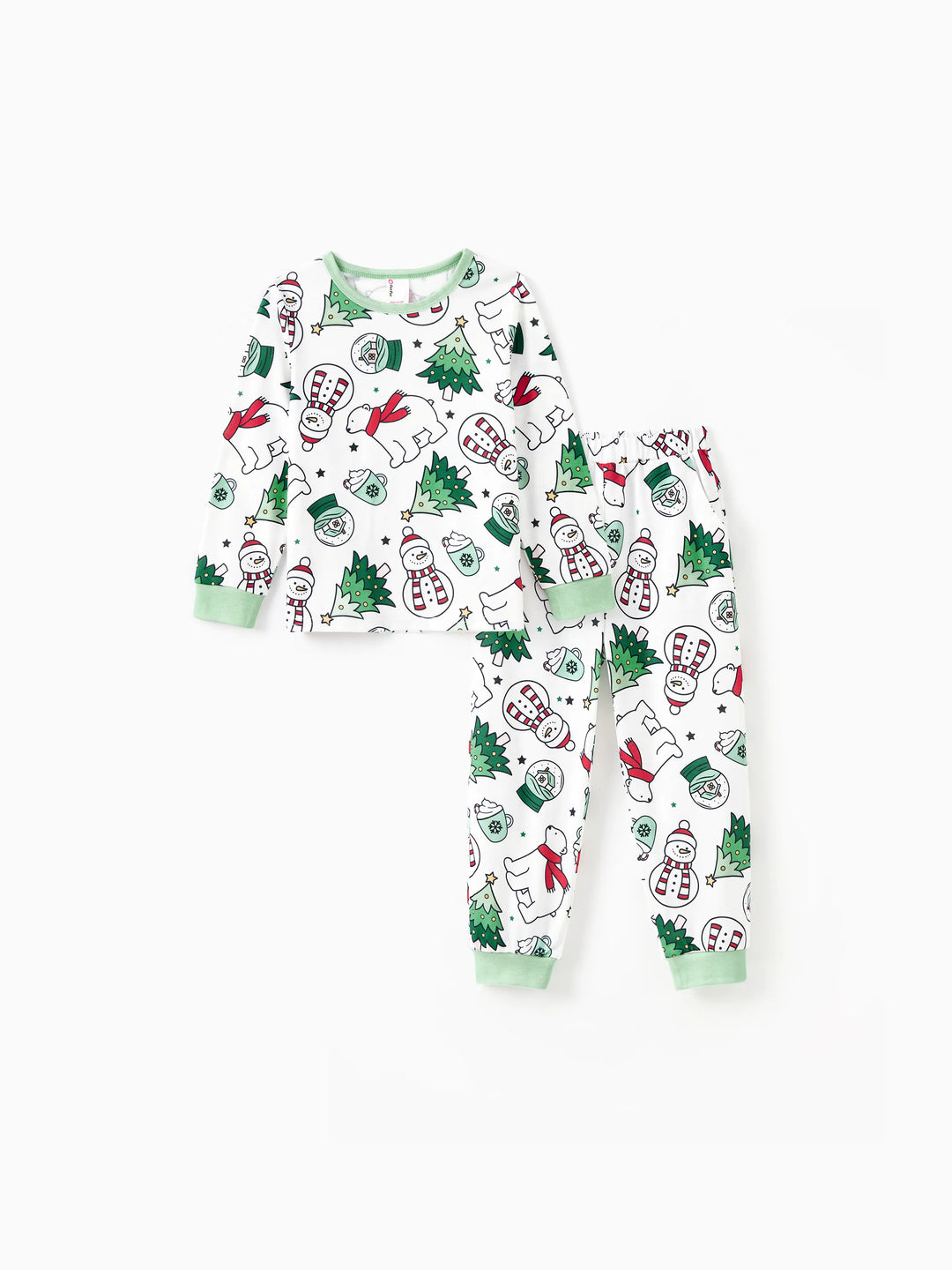 Conjunto de Pijamas de Natal em Família com Mangas Longas – T-Shirts Verdes Muito Felizes e Calças com Padrão, Inclui Meias de Natal – Verde Primavera Médio