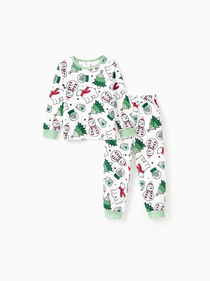 Conjunto de Pijamas de Natal em Família com Mangas Longas – T-Shirts Verdes Muito Felizes e Calças com Padrão, Inclui Meias de Natal – Verde Primavera Médio