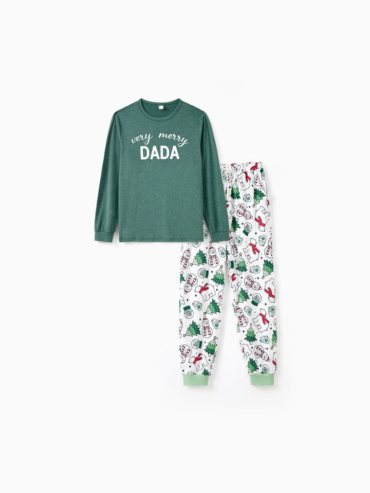 Conjunto de Pijamas de Natal em Família com Mangas Longas – T-Shirts Verdes Muito Felizes e Calças com Padrão, Inclui Meias de Natal – Verde Primavera Médio