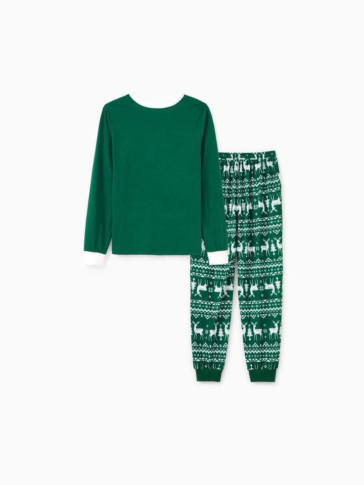 Conjunto de Pijamas em Conjunto Familiar para Natal com Tops a Brilhar no Escuro e Calças com Padrão de Renas, incluindo Meias de Natal - Verde Escuro