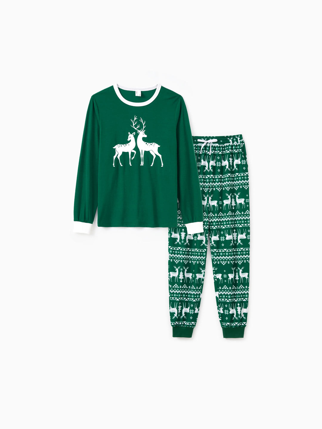 Conjunto de Pijamas em Conjunto Familiar para Natal com Tops a Brilhar no Escuro e Calças com Padrão de Renas, incluindo Meias de Natal - Verde Escuro