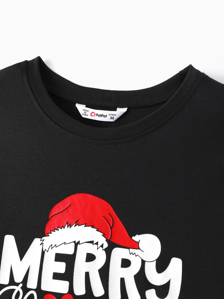 Conjunto de Pijamas de Manga Longa com Estampa de Letras que Brilham no Escuro para a Família, a Condizer no Natal, com Meias de Natal Preto+Branco