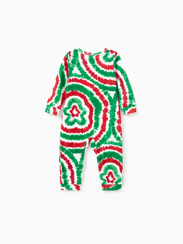 Conjuntos de Pijamas para a Família em Tie-Dye Vermelho e Verde com Homem de Gengibre e Meias de Natal Multicoloridas