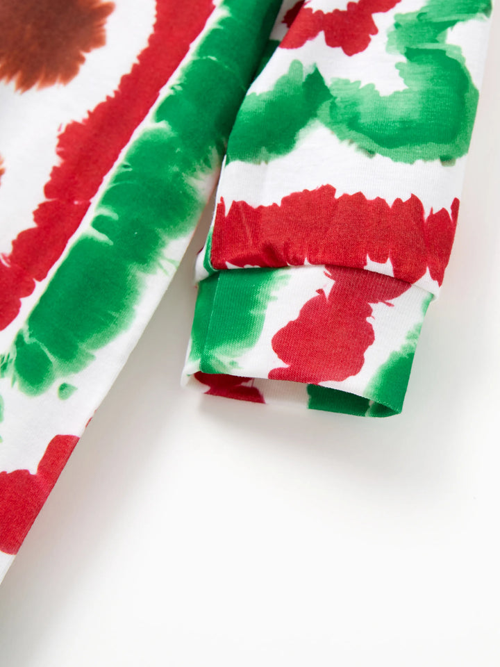 Conjuntos de Pijamas para a Família em Tie-Dye Vermelho e Verde com Homem de Gengibre e Meias de Natal Multicoloridas