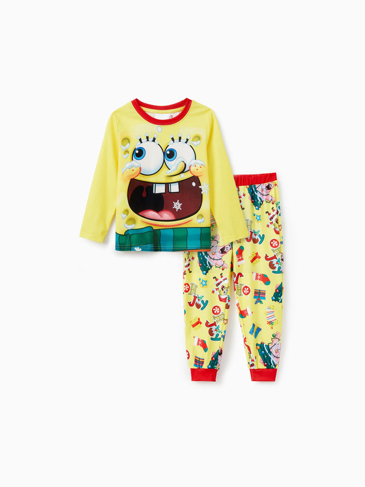 Conjuntos de Pijamas Natalícios em Conjunto Cor de Esponja Bob para a Família com Meias de Natal