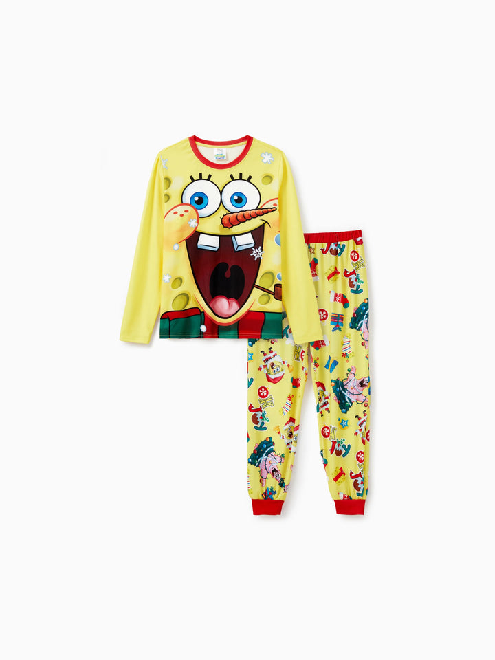 Conjuntos de Pijamas Natalícios em Conjunto Cor de Esponja Bob para a Família com Meias de Natal