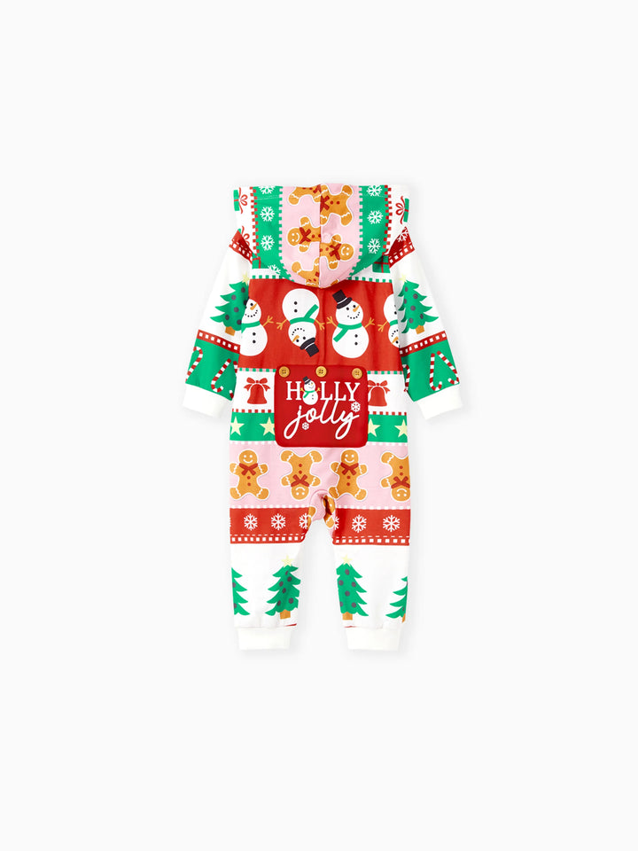 Pijamas de uma peça Conjuntos de Natal Coordenados Estampados com Zíper à Frente Impressão Holly Jolly com Meias de Natal Fundo Multicolorido