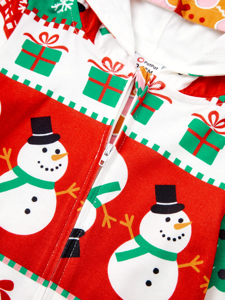 Pijamas de uma peça Conjuntos de Natal Coordenados Estampados com Zíper à Frente Impressão Holly Jolly com Meias de Natal Fundo Multicolorido