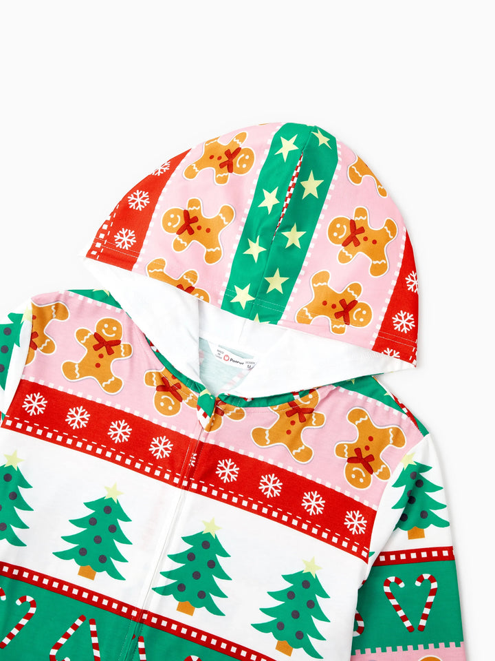 Pijamas de uma peça Conjuntos de Natal Coordenados Estampados com Zíper à Frente Impressão Holly Jolly com Meias de Natal Fundo Multicolorido
