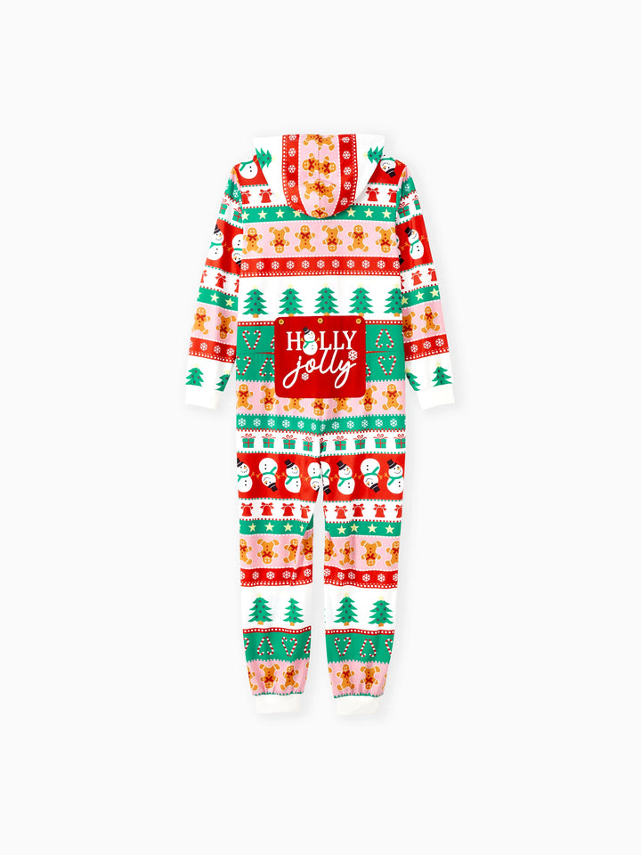 Pijamas de uma peça Conjuntos de Natal Coordenados Estampados com Zíper à Frente Impressão Holly Jolly com Meias de Natal Fundo Multicolorido