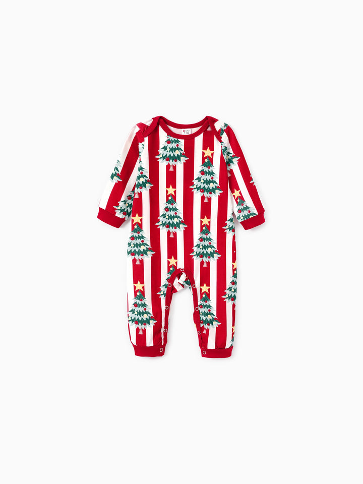 Conjuntos de Pijamas de Manga Longa em Estampa de Árvores com Riscas para a Família, com Meias de Natal - Vermelho