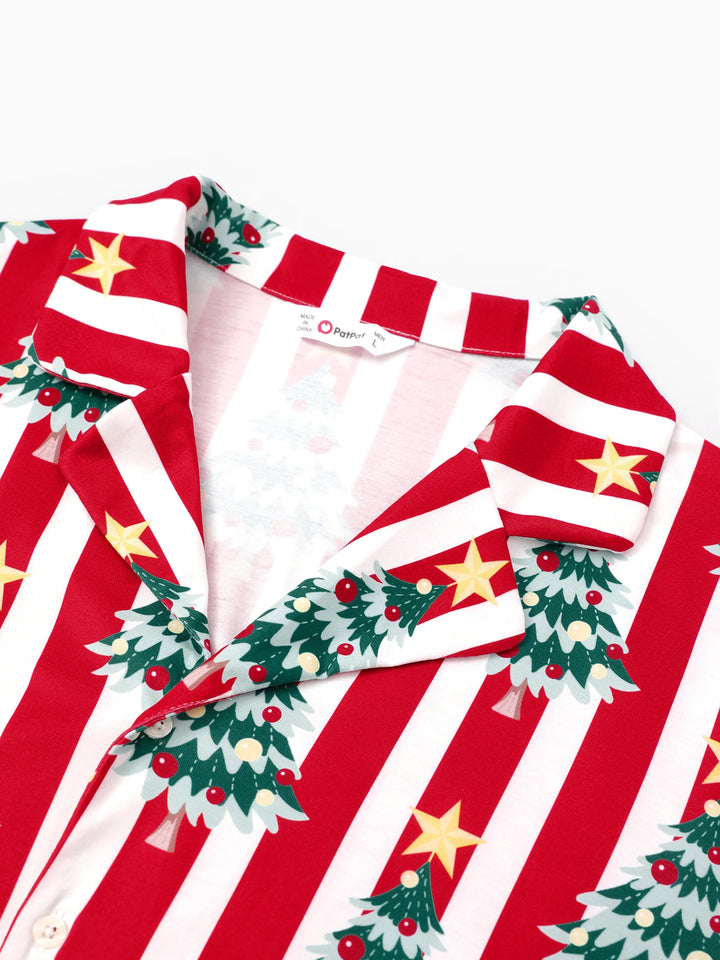 Conjuntos de Pijamas de Manga Longa em Estampa de Árvores com Riscas para a Família, com Meias de Natal - Vermelho