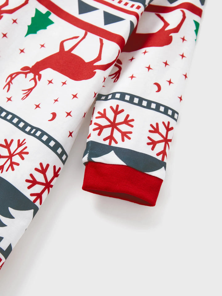 Pijamas de Natal para Família com Estampa de Renas em Todo o Lado, Manga Longa, com Meias de Natal (Segurança Certificada SGS) Vermelho+Branco