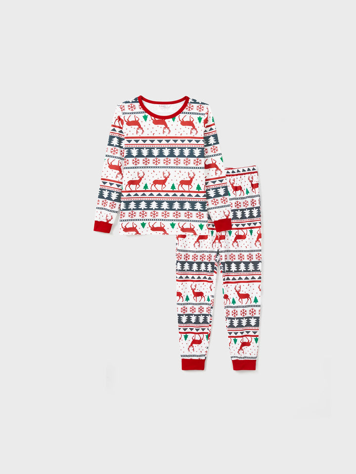 Pijamas de Natal para Família com Estampa de Renas em Todo o Lado, Manga Longa, com Meias de Natal (Segurança Certificada SGS) Vermelho+Branco