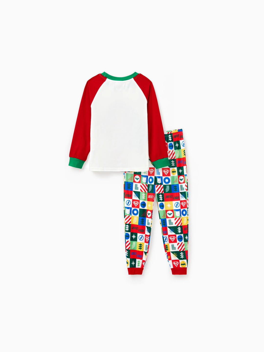 Conjuntos de Pijamas de Natal em Família, Igualzinhos, da Justice League com Batman/Superman Mulher Maravilha, acompanhados de Meias de Natal.