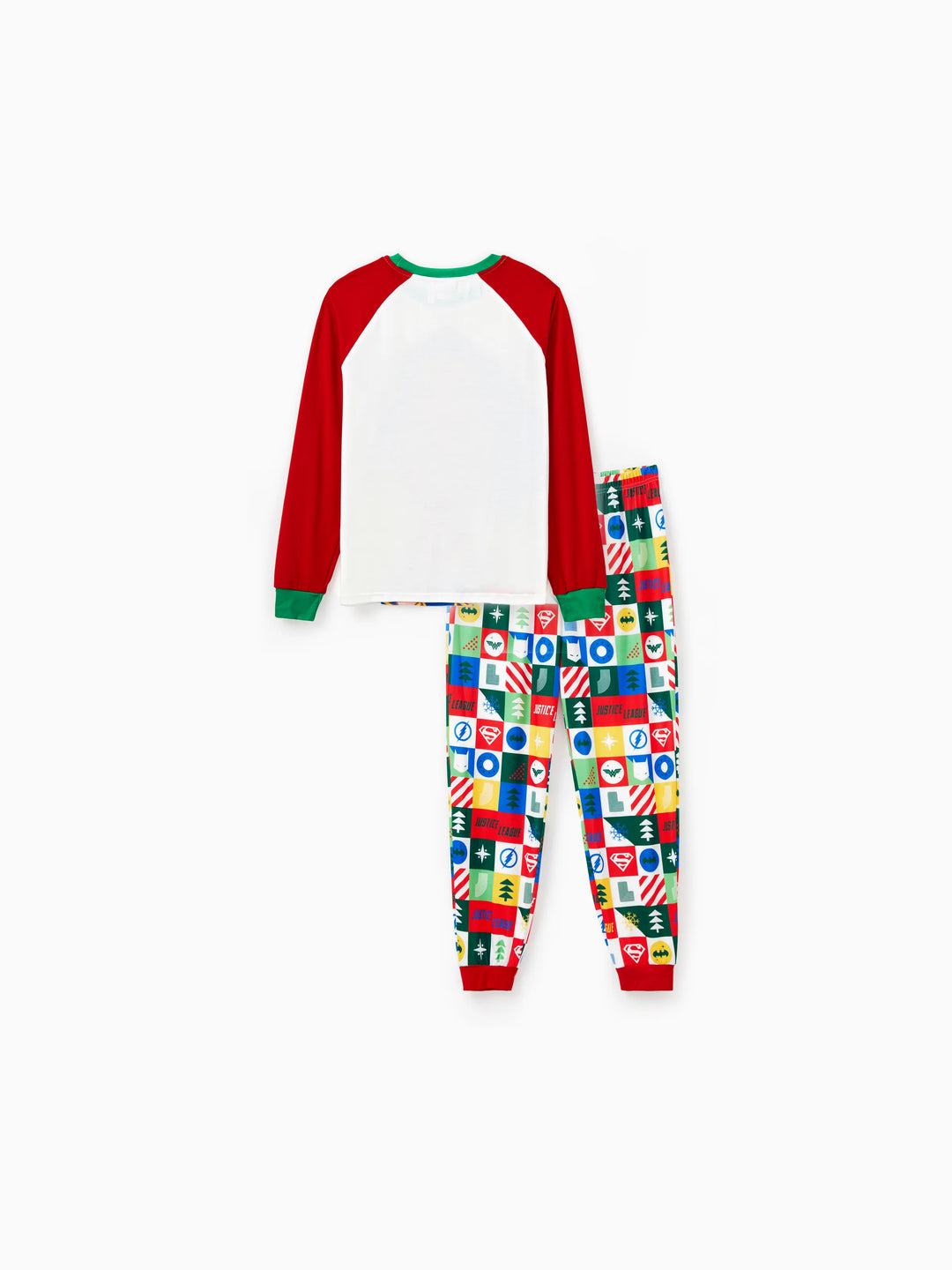 Conjuntos de Pijamas de Natal em Família, Igualzinhos, da Justice League com Batman/Superman Mulher Maravilha, acompanhados de Meias de Natal.