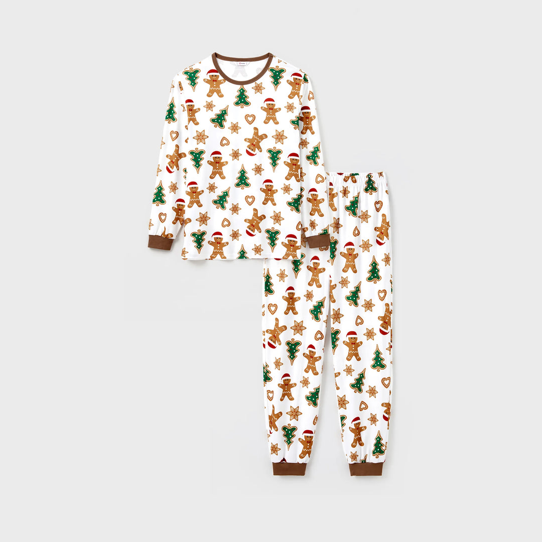 Conjunto de Pijamas de Manga Longa Combináveis para a Família, com Impressão Total de Pai Natal e Árvore de Natal, incluindo Meias de Natal em Estampa de Gengibre.