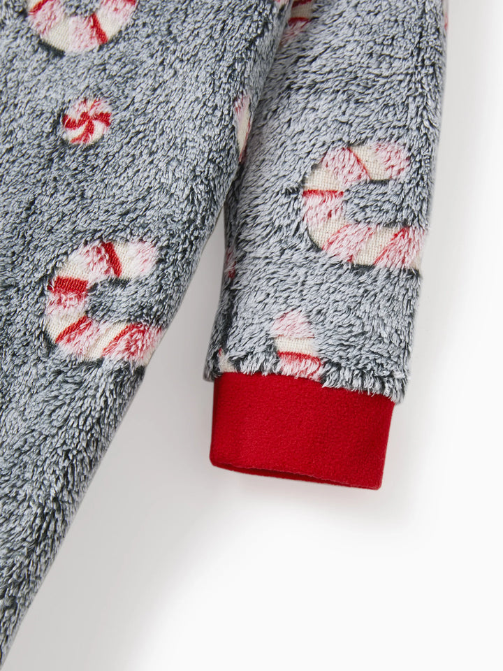 Pijamas de Uma Peça Conjuntos de Natal Correspondentes Padrão de Bastão de Caramelo (Brilham no Escuro) com Meias de Natal Pretas