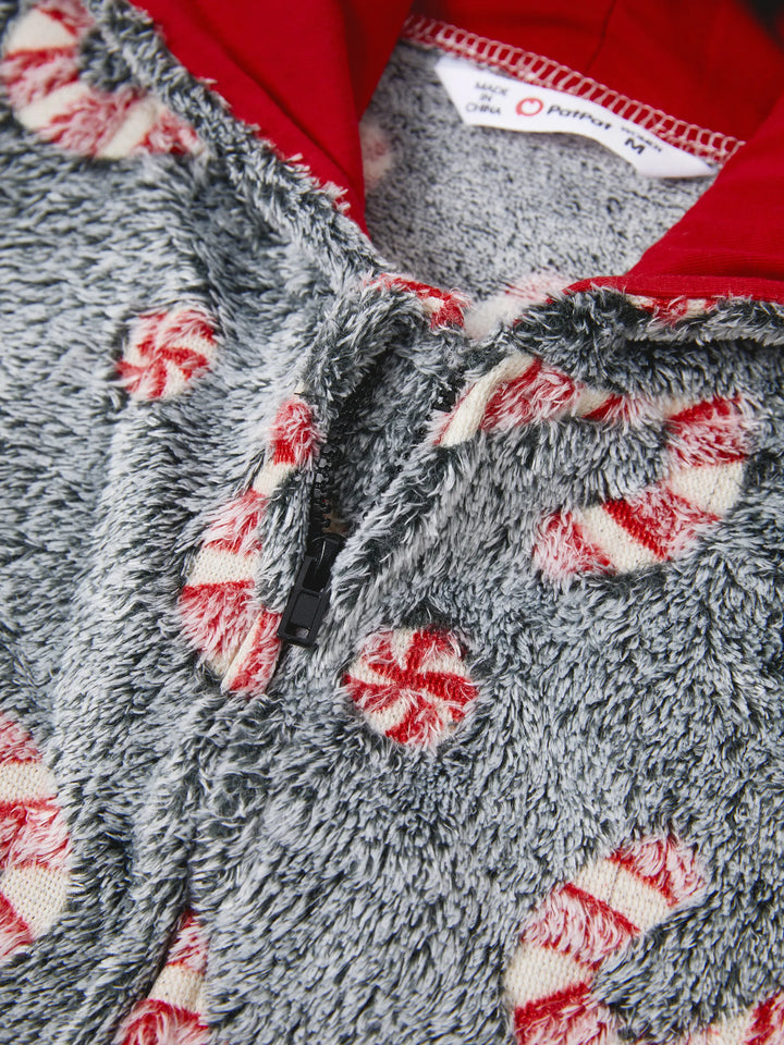 Pijamas de Uma Peça Conjuntos de Natal Correspondentes Padrão de Bastão de Caramelo (Brilham no Escuro) com Meias de Natal Pretas