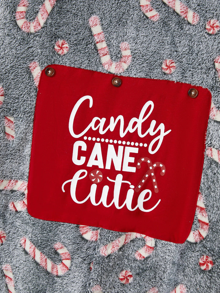 Pijamas de Uma Peça Conjuntos de Natal Correspondentes Padrão de Bastão de Caramelo (Brilham no Escuro) com Meias de Natal Pretas