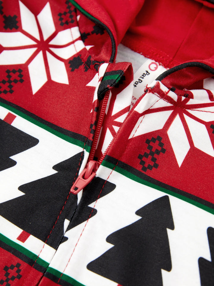 Pijamas de Natal com padrão de rena 3D, macacões com capuz e fecho, outfits em família coordenados nas cores vermelho/preto.