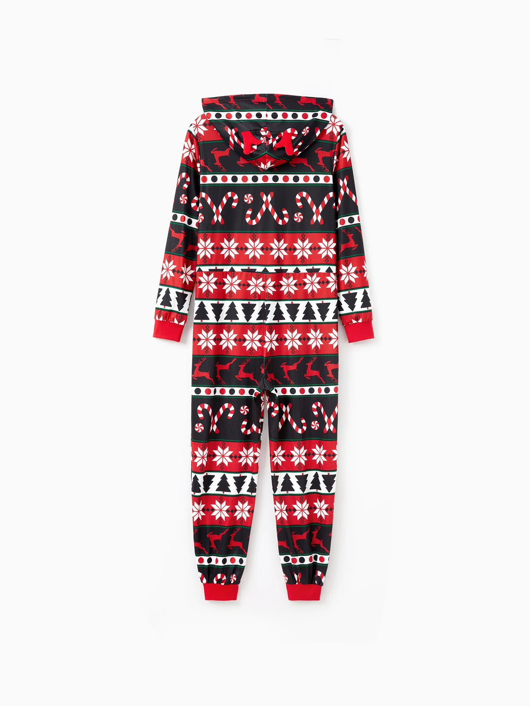 Pijamas de Natal com padrão de rena 3D, macacões com capuz e fecho, outfits em família coordenados nas cores vermelho/preto.