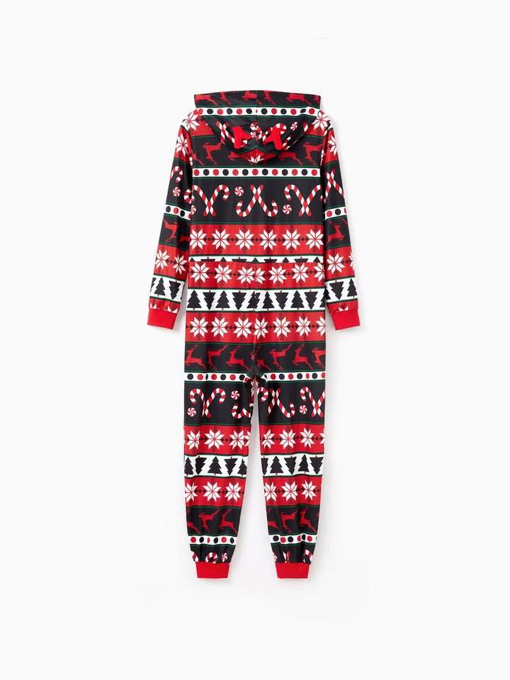 Pijamas de Natal com padrão de rena 3D, macacões com capuz e fecho, outfits em família coordenados nas cores vermelho/preto.