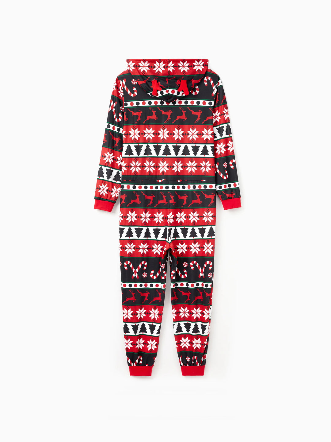 Pijamas de Natal com padrão de rena 3D, macacões com capuz e fecho, outfits em família coordenados nas cores vermelho/preto.