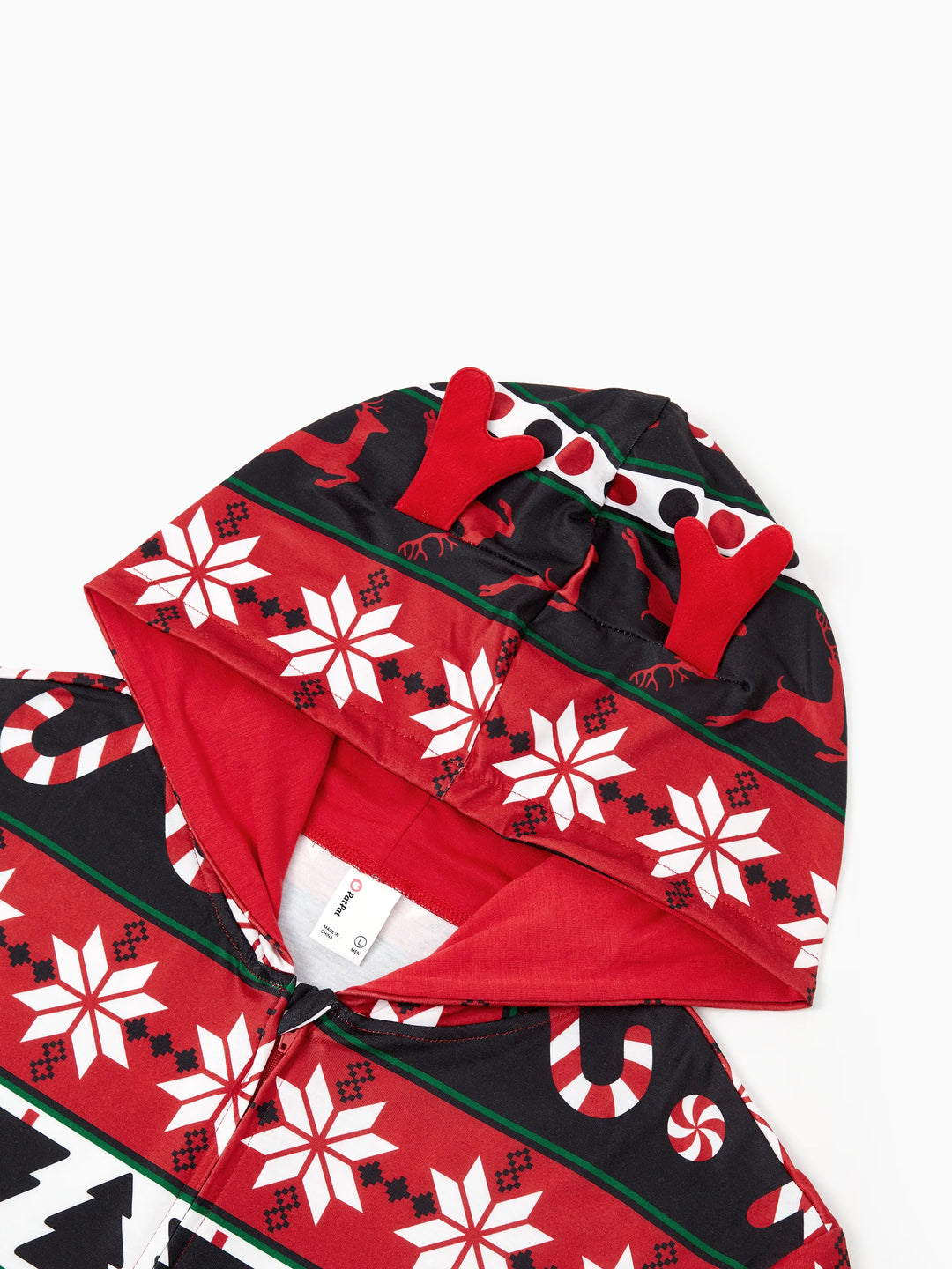 Pijamas de Natal com padrão de rena 3D, macacões com capuz e fecho, outfits em família coordenados nas cores vermelho/preto.