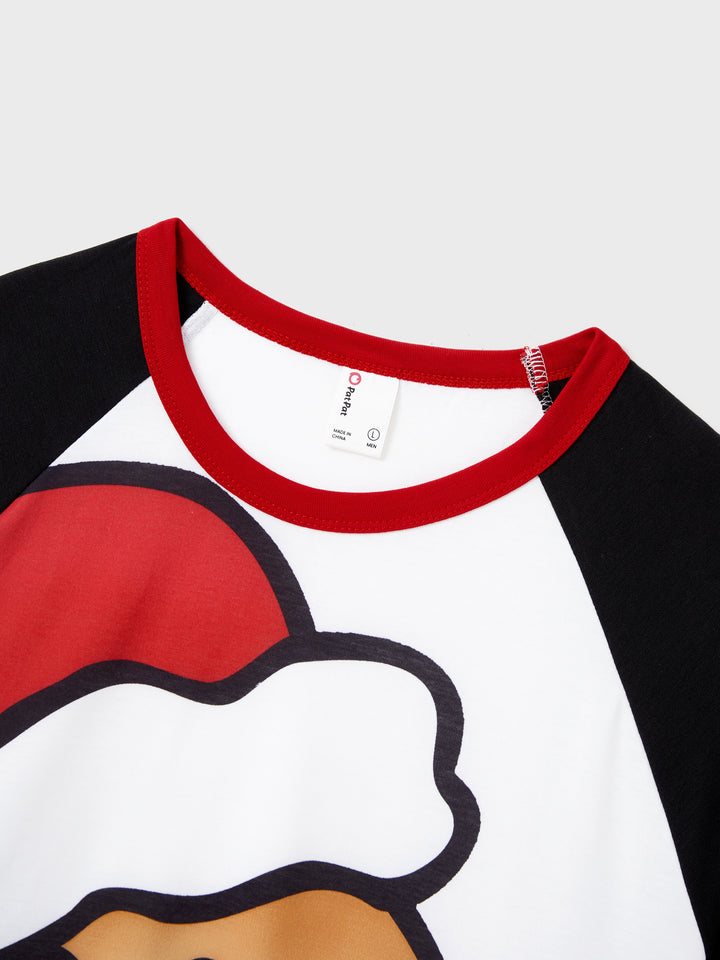 Conjunto de Piajamas de Natal para a Família com Mangas Raglan, Estilo Homem de Gengibre, Cintura com Cordão e Bolsos, Acompanhado de Meias de Natal, em vermelho/preto.