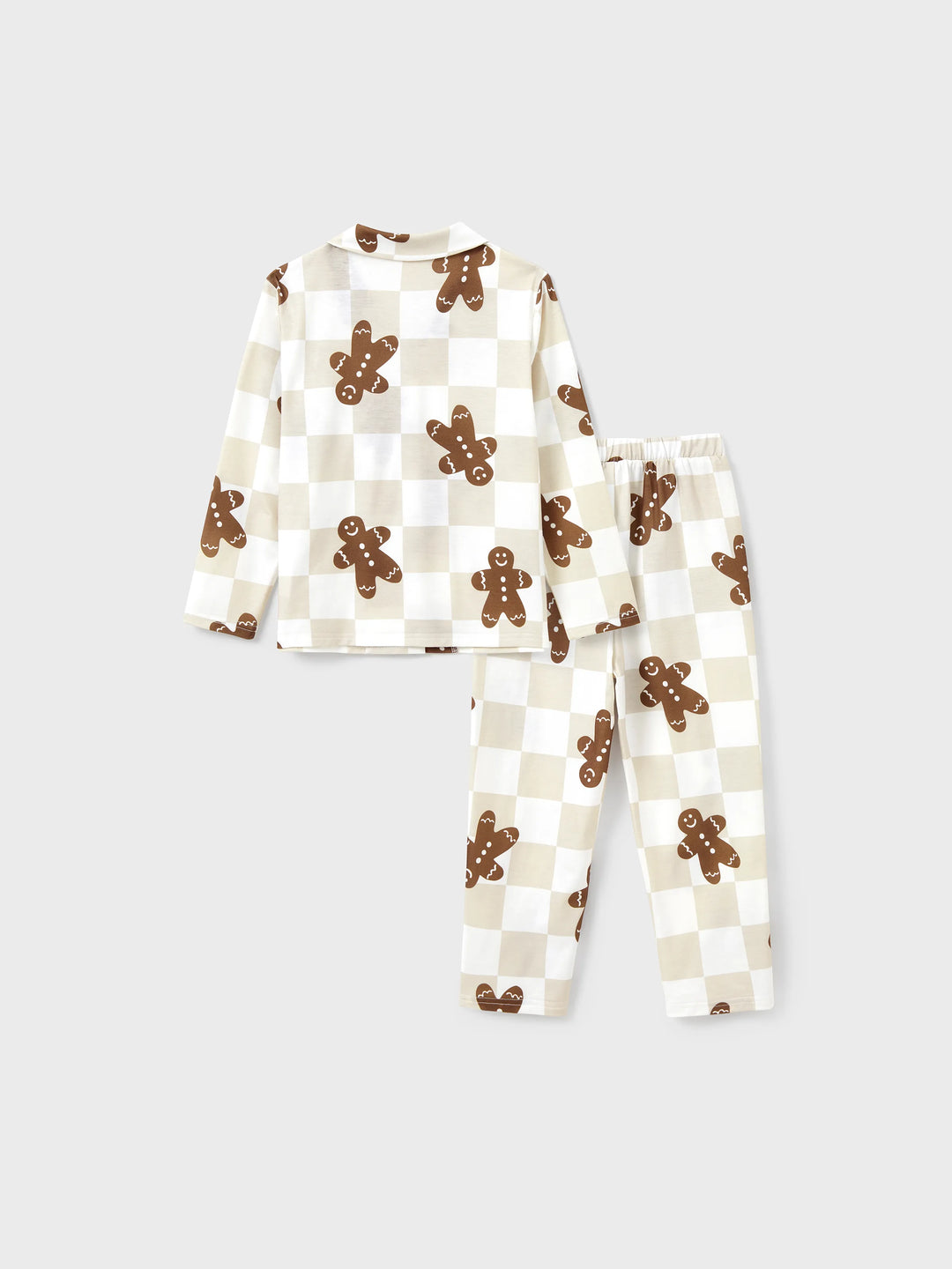 Conjunto de Pijamas de Natal Coordinados para a Família com Estampado de Gengibre em Xadrez e Meias de Natal em Caqui.