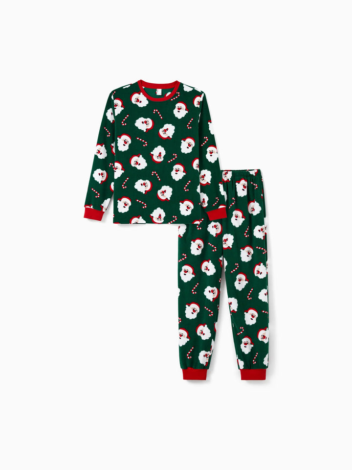 Conjunto de Pijamas de Fleece para a Família em Conjunto com Estampado de Pai Natal e Bastão de Açúcar, incluindo Meias de Natal em Verde Escuro