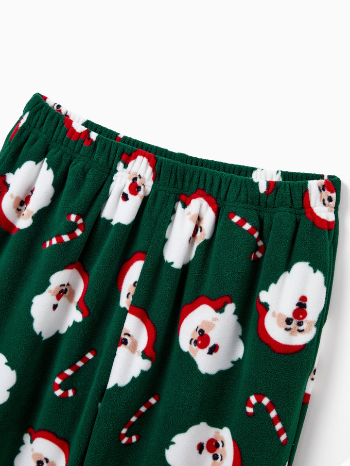 Conjunto de Pijamas de Fleece para a Família em Conjunto com Estampado de Pai Natal e Bastão de Açúcar, incluindo Meias de Natal em Verde Escuro
