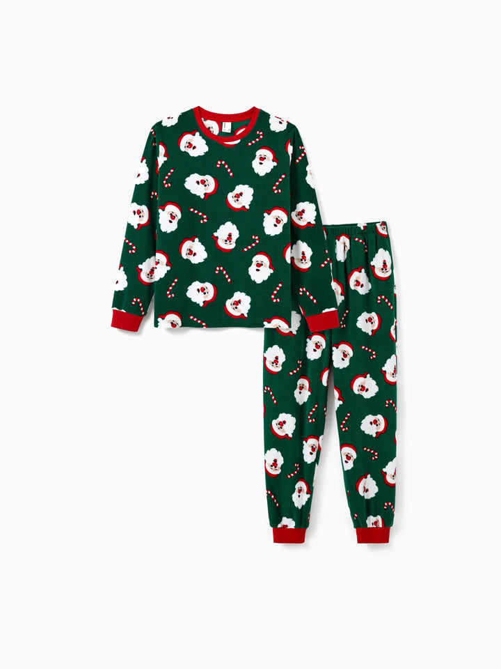 Conjunto de Pijamas de Fleece para a Família em Conjunto com Estampado de Pai Natal e Bastão de Açúcar, incluindo Meias de Natal em Verde Escuro