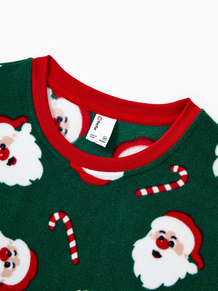 Conjunto de Pijamas de Fleece para a Família em Conjunto com Estampado de Pai Natal e Bastão de Açúcar, incluindo Meias de Natal em Verde Escuro