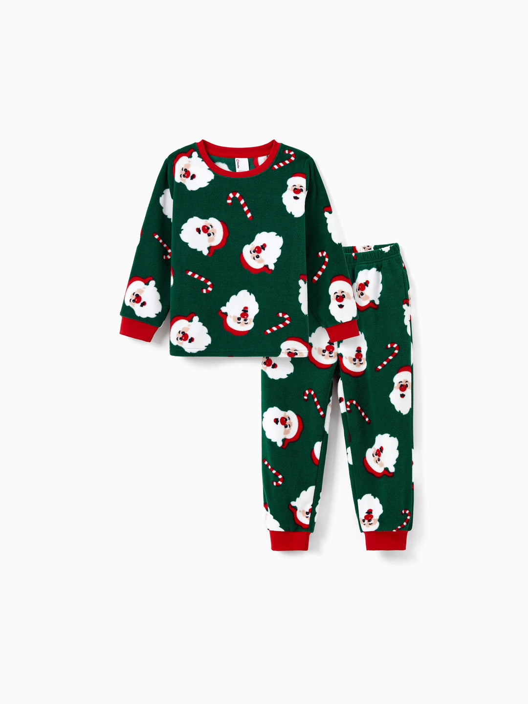 Conjunto de Pijamas de Fleece para a Família em Conjunto com Estampado de Pai Natal e Bastão de Açúcar, incluindo Meias de Natal em Verde Escuro