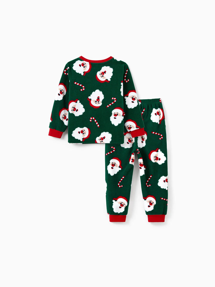 Conjunto de Pijamas de Fleece para a Família em Conjunto com Estampado de Pai Natal e Bastão de Açúcar, incluindo Meias de Natal em Verde Escuro