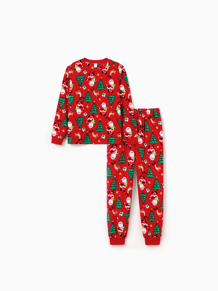 Conjunto de Pijamas de Natal para Toda a Família com Impressão de Pai Natal e Árvore de Natal, PJs de Fleecy Vermelhos com Meias de Natal Incluídas.