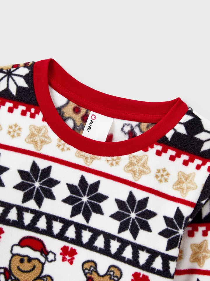 Conjunto de Pijamas de Fleece em Família para o Natal com Estampado de Gengibre e Flocos de Neve e Meias de Natal Vermelhas