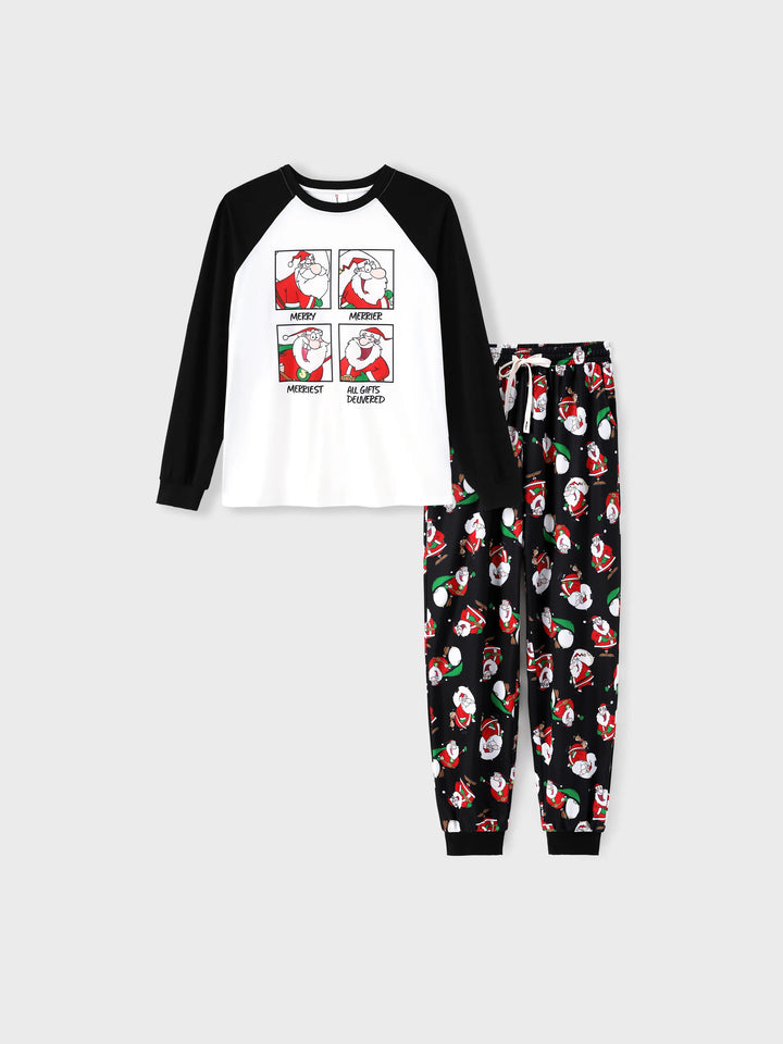 Conjunto de Pijamas em Família para Natal com Estampado de Pai Natal Preto e Branco e Meias de Natal Pretas