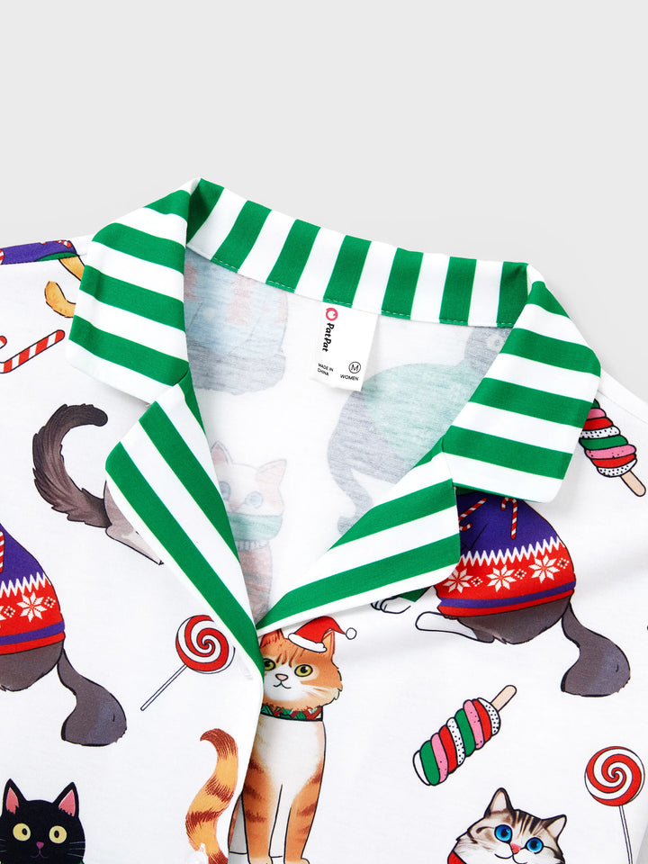 Conjunto de Pijamas de Natal para a Família com Estampa de Gato de Natal e Meias de Natal Multicoloridas