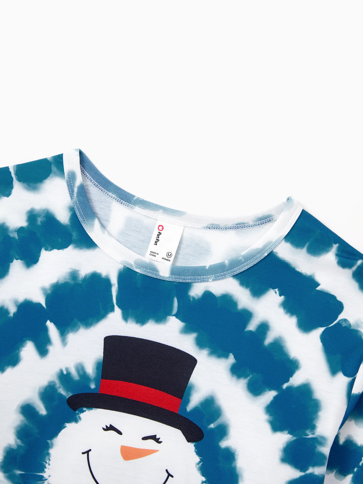 Conjunto de Pajamas de Natal em Família com Estampa de Boneco de Neve em Tie-dye Azul com Meias de Natal Azul Escuro