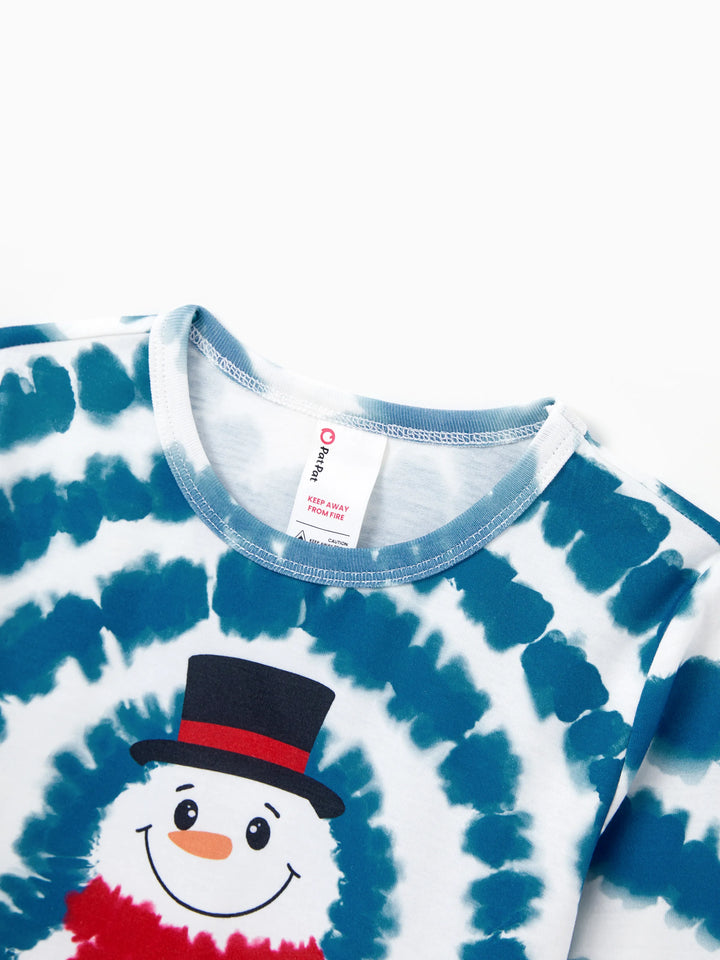 Conjunto de Pajamas de Natal em Família com Estampa de Boneco de Neve em Tie-dye Azul com Meias de Natal Azul Escuro