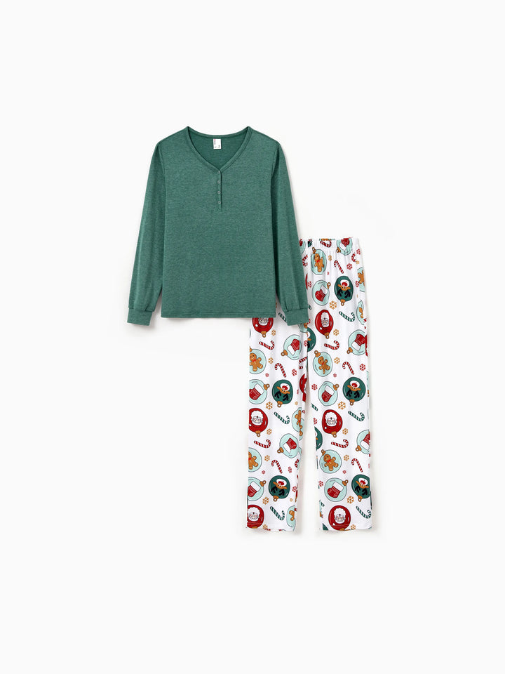 Conjunto de Pijamas em Família a Condizer para o Natal com Renas e Pai Natal e Meias de Natal Verdes