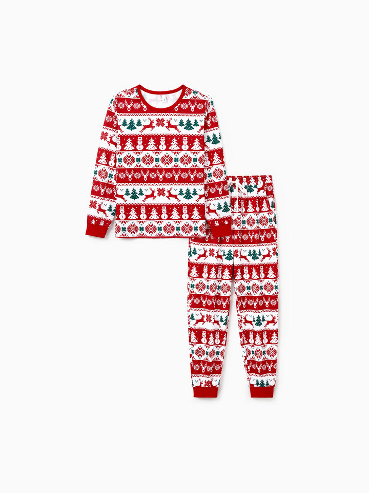 Conjunto de Pijamas de Natal para Família em Conjunto: Com Estampado de Rena e Boneco de Neve, Pijamas Vermelhos de Manga Longa com Meias de Natal Vermelhas.