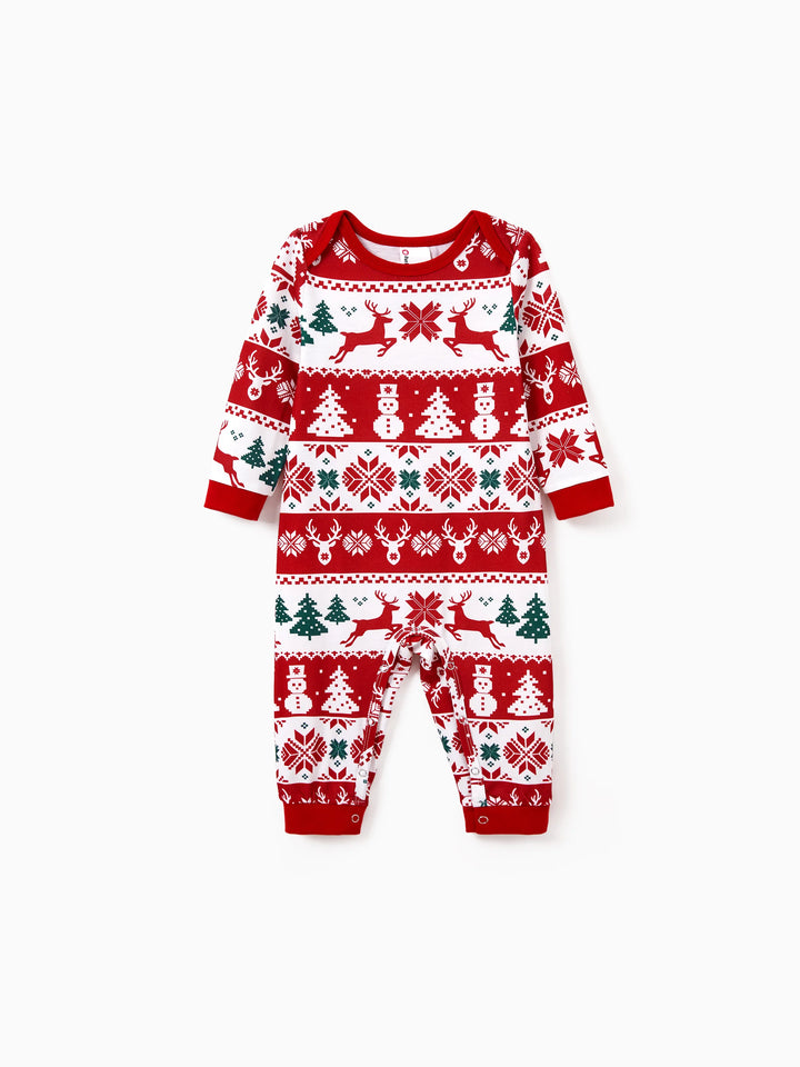 Conjunto de Pijamas de Natal para Família em Conjunto: Com Estampado de Rena e Boneco de Neve, Pijamas Vermelhos de Manga Longa com Meias de Natal Vermelhas.