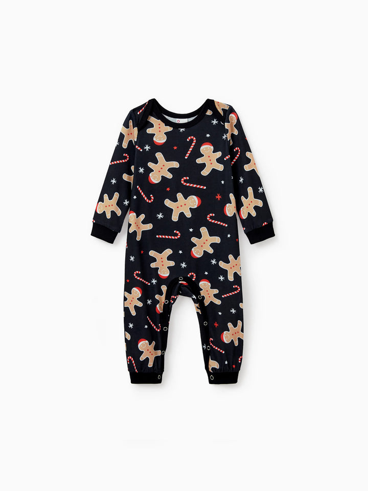 Conjunto de Pijamas de Natal Correspondentes para Família com Estampado de Bolachas de Gengibre - Pijamas Pretos com Meias de Natal Pretas