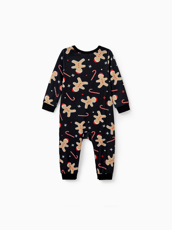 Conjunto de Pijamas de Natal Correspondentes para Família com Estampado de Bolachas de Gengibre - Pijamas Pretos com Meias de Natal Pretas