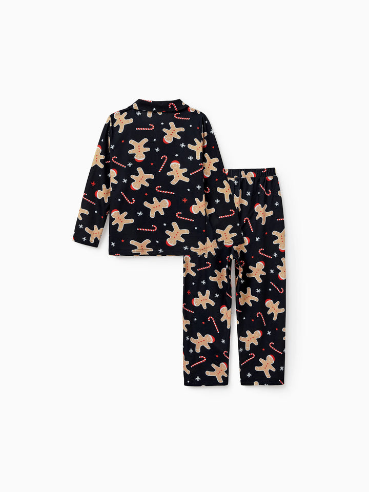 Conjunto de Pijamas de Natal Correspondentes para Família com Estampado de Bolachas de Gengibre - Pijamas Pretos com Meias de Natal Pretas